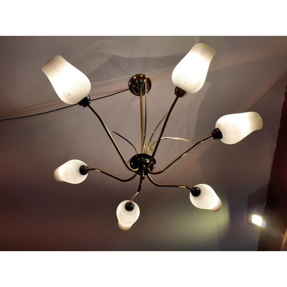 Image 1 of Lustre vintage en laiton et verre opalin, 1960s