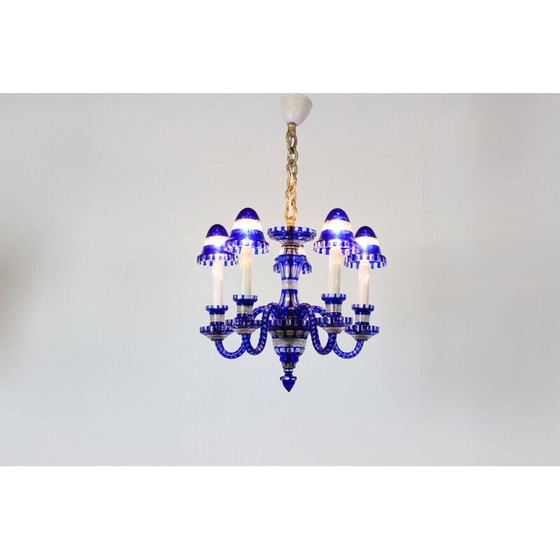 Image 1 of Lustre vintage en verre bleu, Tchécoslovaquie 1940