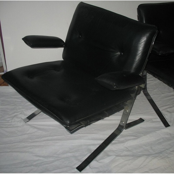 Image 1 of Paire de fauteuils "Joker" vintage en acier chromé et cuir noir par Olivier Mourgue pour Airborn, France 1970
