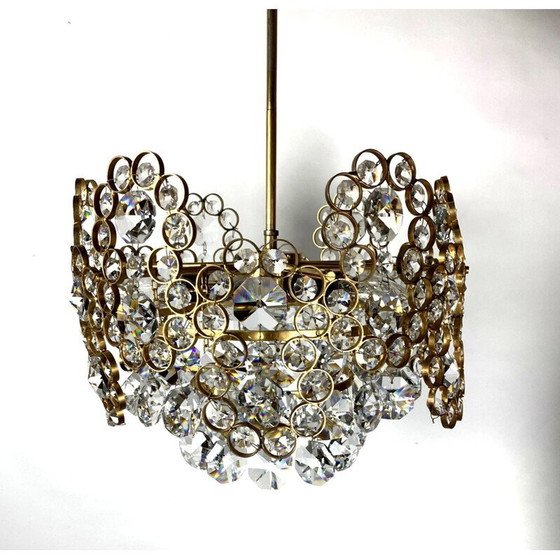 Image 1 of Lustre vintage en laiton doré et verre de cristal par Palwa, 1970