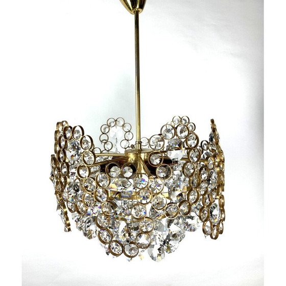 Image 1 of Lustre vintage en laiton doré et verre de cristal par Palwa, 1970