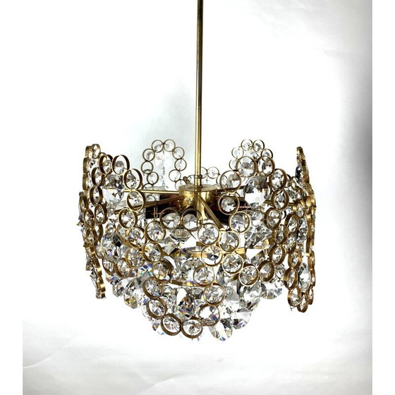 Image 1 of Lustre vintage en laiton doré et verre de cristal par Palwa, 1970