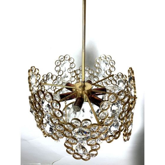 Image 1 of Lustre vintage en laiton doré et verre de cristal par Palwa, 1970