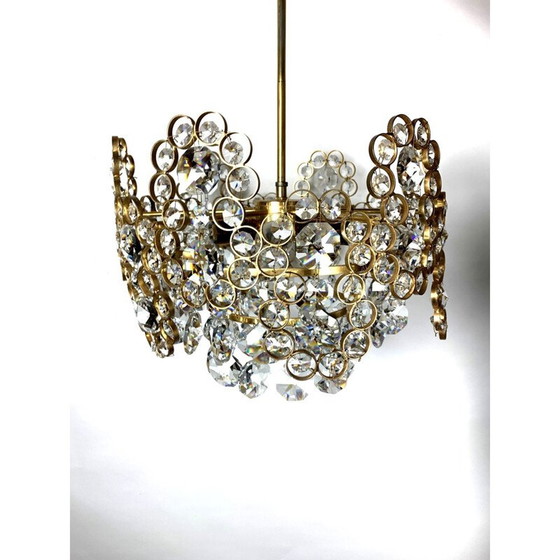 Image 1 of Lustre vintage en laiton doré et verre de cristal par Palwa, 1970