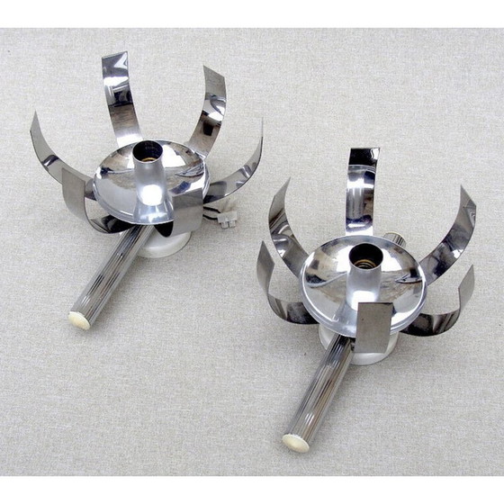 Image 1 of Paire d'appliques vintage "fleur de lumière" en aluminium chromé par Jocelyne Trocmé, 1970