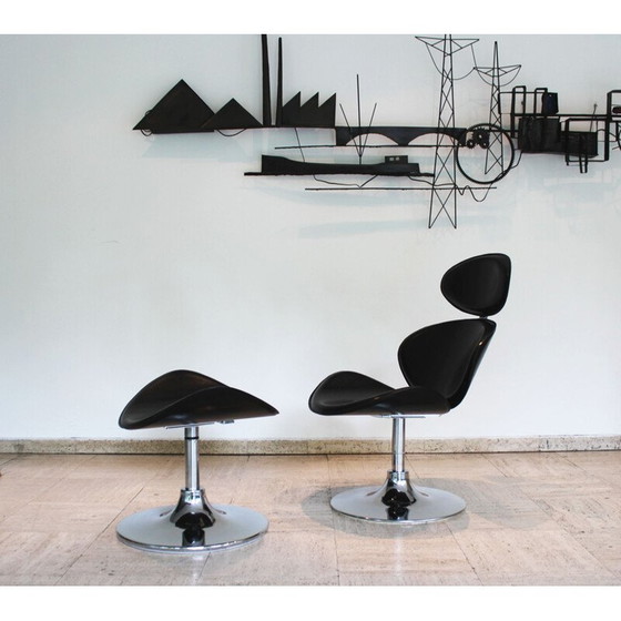 Image 1 of Chaise longue et ottoman vintage en cuir noir