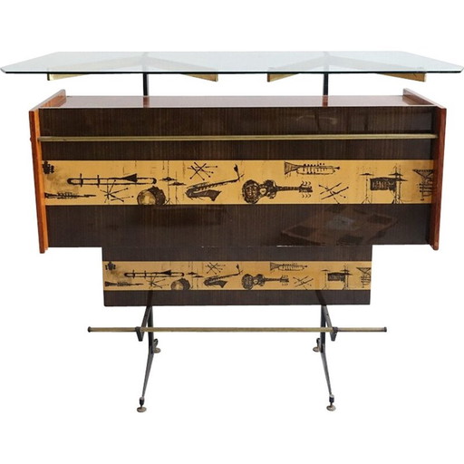 Bar vintage en verre, métal et laiton, 1970