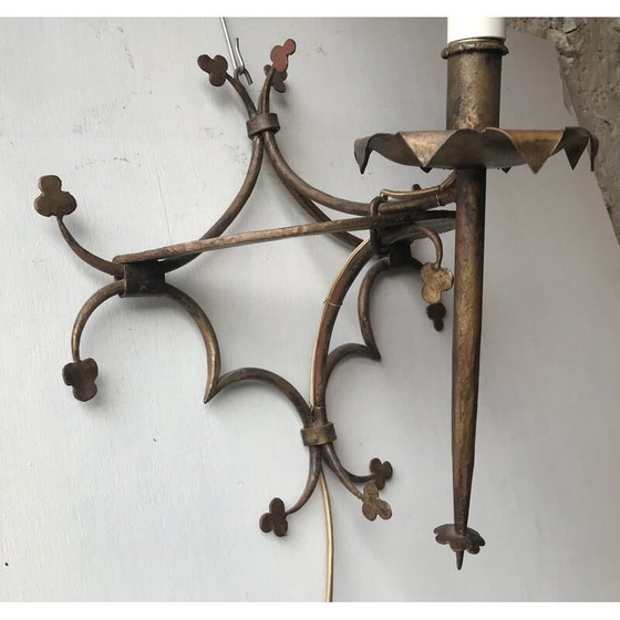 Image 1 of Paire d'appliques vintage en métal doré à motif de trèfle, 1950