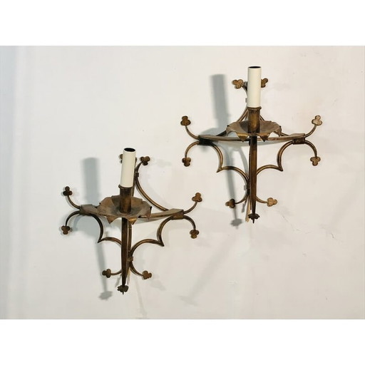 Paire d'appliques vintage en métal doré à motif de trèfle, 1950