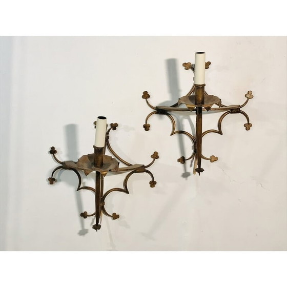 Image 1 of Paire d'appliques vintage en métal doré à motif de trèfle, 1950