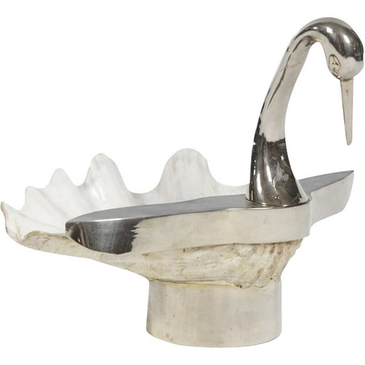 Cygne vintage en coquillage et bronze argenté, 1970