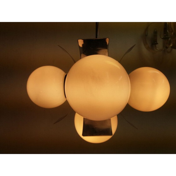 Image 1 of Lustre vintage en métal et verre de lait, Tchécoslovaquie 1965