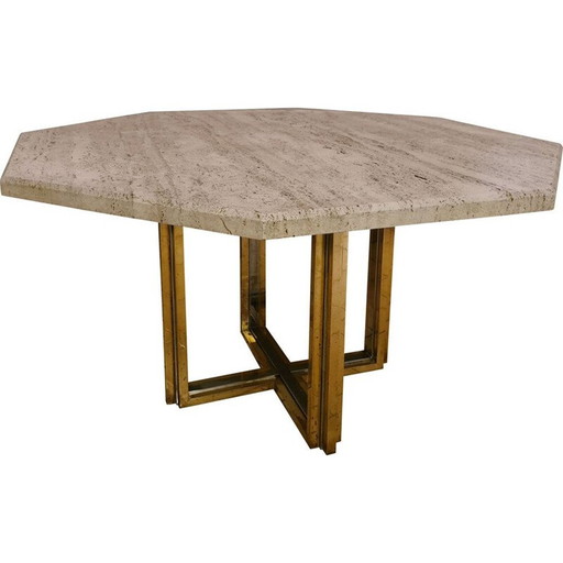 Table de salle à manger vintage en laiton et chrome avec plateau en travertin