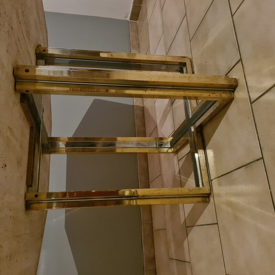 Image 1 of Table de salle à manger vintage en laiton et chrome avec plateau en travertin