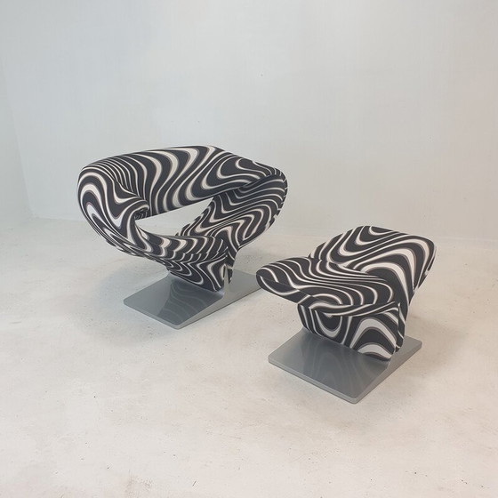 Image 1 of Chaise Vintage "Ribbon" avec ottoman en tissu élan noir par Pierre Paulin pour Artifort, France 1990