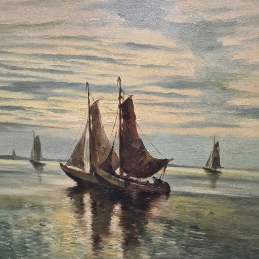 Bateaux de pêche en mer Huile sur toile, circa 1970.