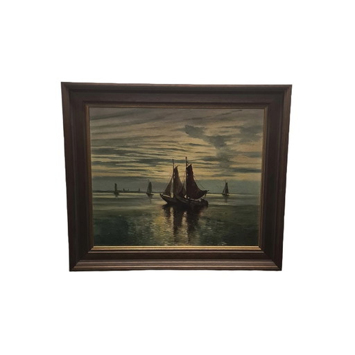 Bateaux de pêche en mer Huile sur toile, circa 1970.