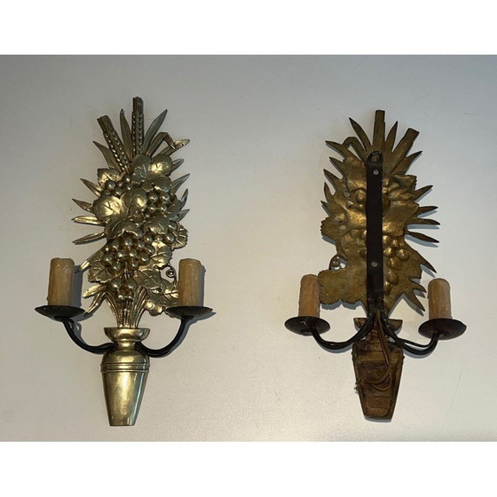 Image 1 of Paire d'appliques vintage en bronze et fer forgé représentant une coupe de fruits, France 1970