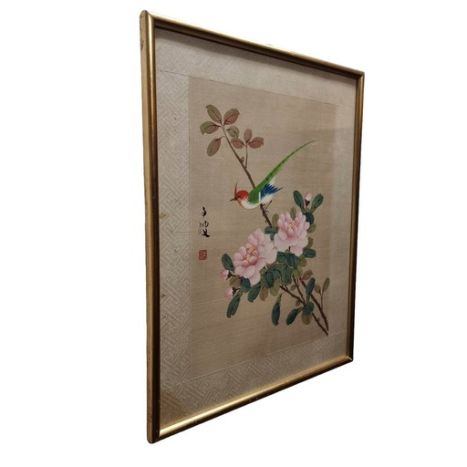 Peinture chinoise vintage sur soie Oiseau
