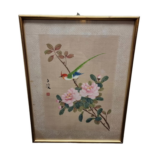 Peinture chinoise vintage sur soie Oiseau