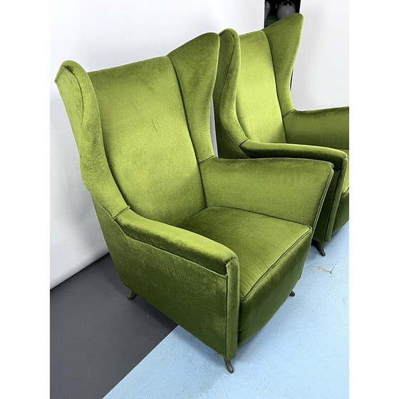 Image 1 of Paire de fauteuils Isa en velours vert, Italie du milieu du siècle, années 1950