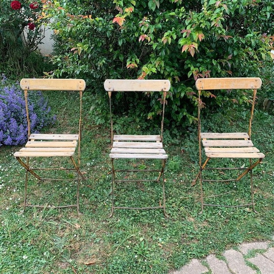 Image 1 of Ensemble de 3 chaises de jardin pliantes vintage en fer et bois