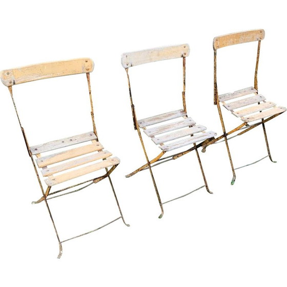 Image 1 of Ensemble de 3 chaises de jardin pliantes vintage en fer et bois
