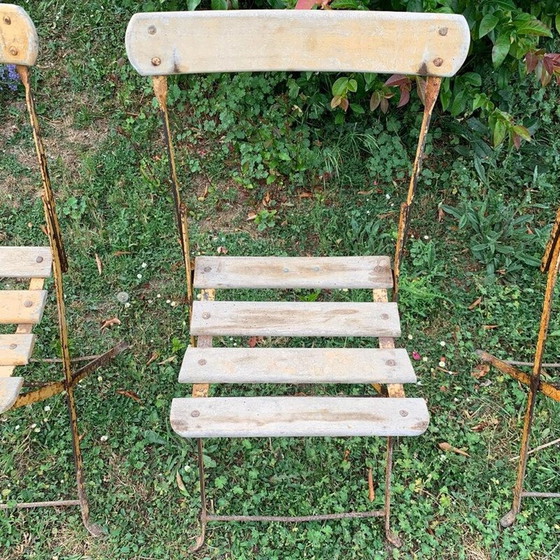 Image 1 of Ensemble de 3 chaises de jardin pliantes vintage en fer et bois