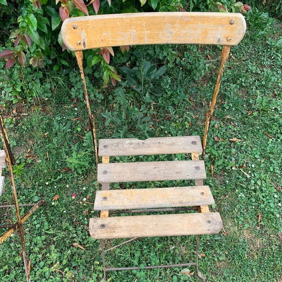 Image 1 of Ensemble de 3 chaises de jardin pliantes vintage en fer et bois
