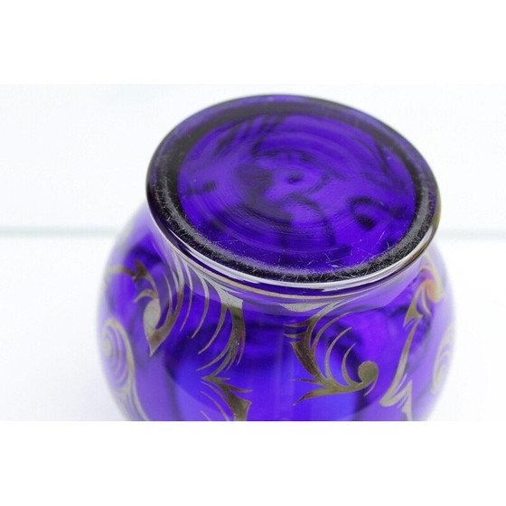 Image 1 of Boîte Vintage Art Déco en verre bleu cobalt avec couvercle, Tchécoslovaquie 1920