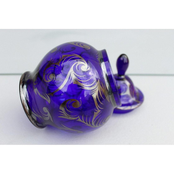 Image 1 of Boîte Vintage Art Déco en verre bleu cobalt avec couvercle, Tchécoslovaquie 1920