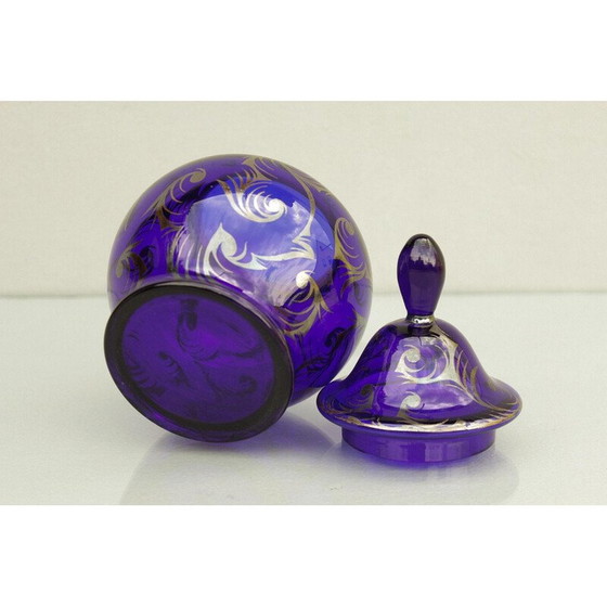 Image 1 of Boîte Vintage Art Déco en verre bleu cobalt avec couvercle, Tchécoslovaquie 1920