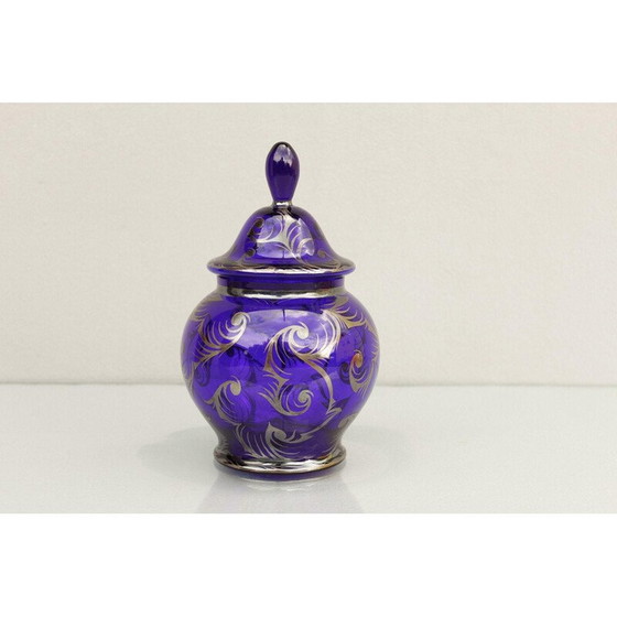Image 1 of Boîte Vintage Art Déco en verre bleu cobalt avec couvercle, Tchécoslovaquie 1920