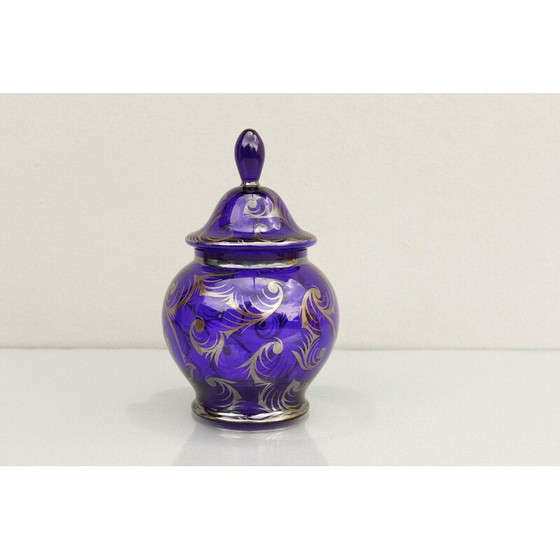 Image 1 of Boîte Vintage Art Déco en verre bleu cobalt avec couvercle, Tchécoslovaquie 1920