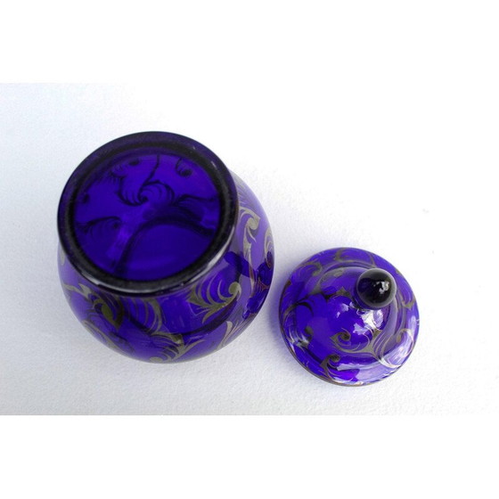 Image 1 of Boîte Vintage Art Déco en verre bleu cobalt avec couvercle, Tchécoslovaquie 1920