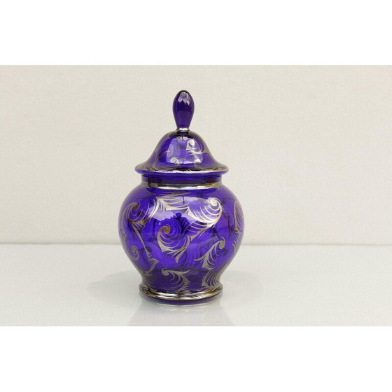 Image 1 of Boîte Vintage Art Déco en verre bleu cobalt avec couvercle, Tchécoslovaquie 1920