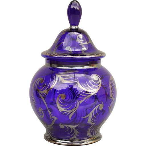 Boîte Vintage Art Déco en verre bleu cobalt avec couvercle, Tchécoslovaquie 1920