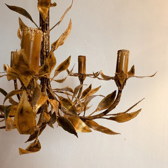 Image 1 of Lustre vintage en métal doré avec décoration florale et 5 lumières