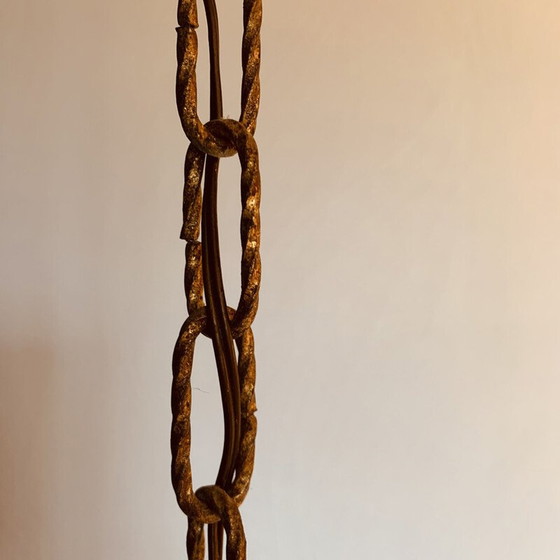 Image 1 of Lustre vintage en métal doré avec décoration florale et 5 lumières