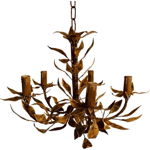 Lustre vintage en métal doré avec décoration florale et 5 lumières