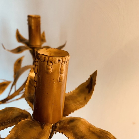 Image 1 of Lustre vintage en métal doré avec décoration florale et 5 lumières