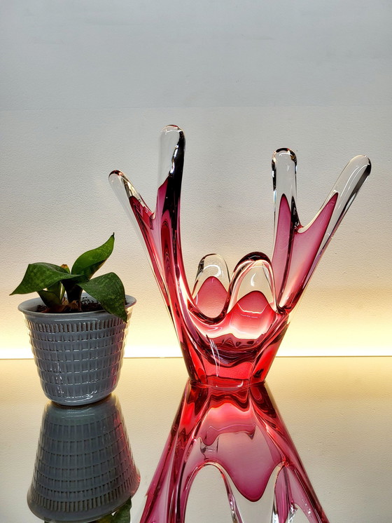 Image 1 of Bol Val Saint Lambert, design organique, couleur rouge émeraude et verre transparent, années 1980