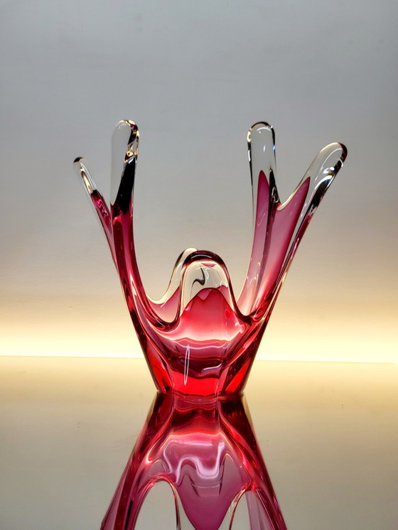 Image 1 of Bol Val Saint Lambert, design organique, couleur rouge émeraude et verre transparent, années 1980