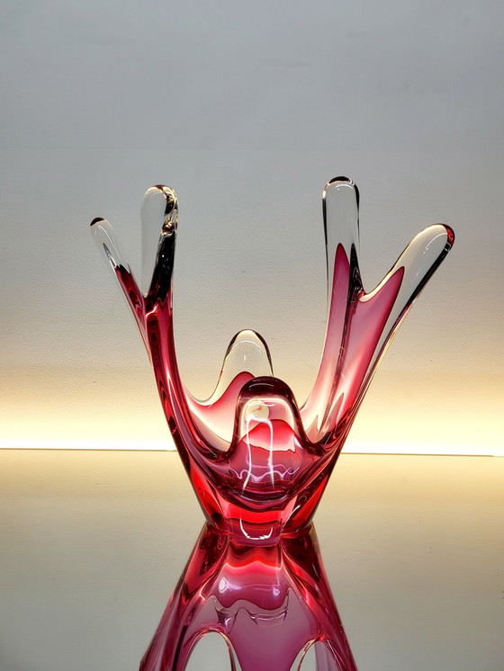 Image 1 of Bol Val Saint Lambert, design organique, couleur rouge émeraude et verre transparent, années 1980