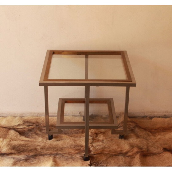 Image 1 of Table vintage en verre et métal chromé avec double plateau monté sur roulettes, 1970