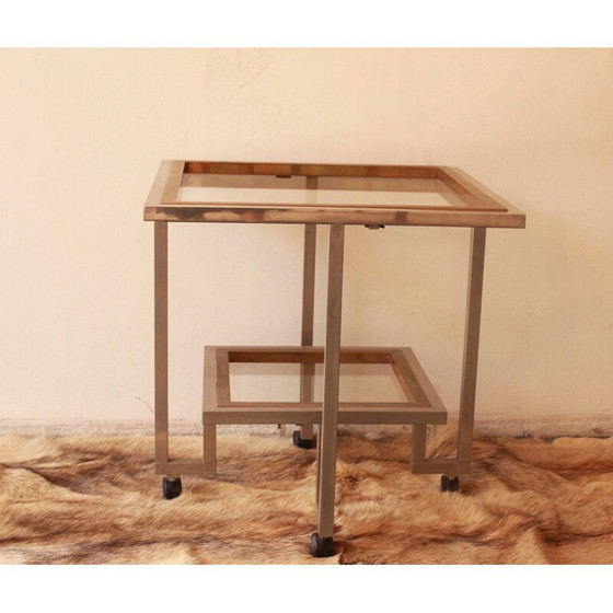 Image 1 of Table vintage en verre et métal chromé avec double plateau monté sur roulettes, 1970