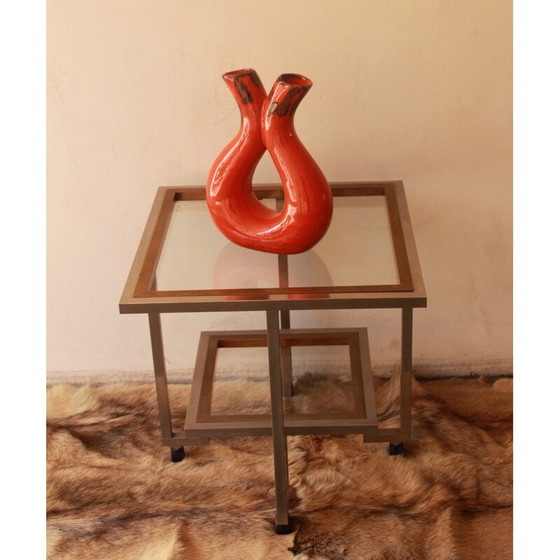 Image 1 of Table vintage en verre et métal chromé avec double plateau monté sur roulettes, 1970