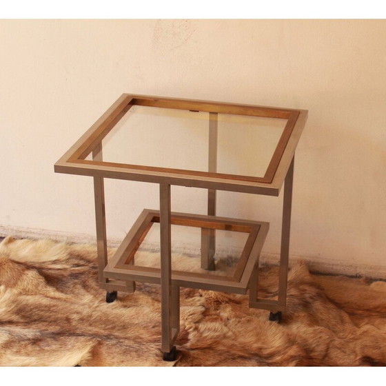 Image 1 of Table vintage en verre et métal chromé avec double plateau monté sur roulettes, 1970
