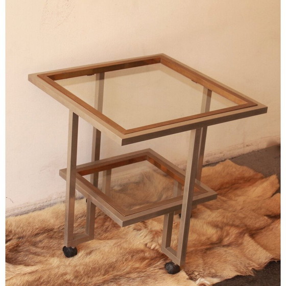 Image 1 of Table vintage en verre et métal chromé avec double plateau monté sur roulettes, 1970