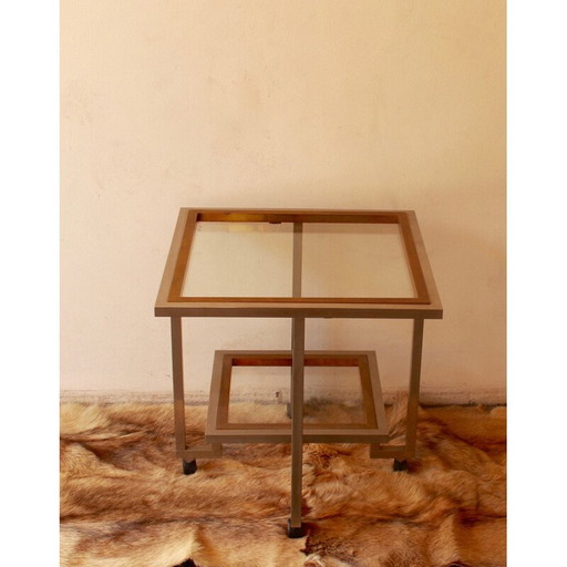 Table vintage en verre et métal chromé avec double plateau monté sur roulettes, 1970